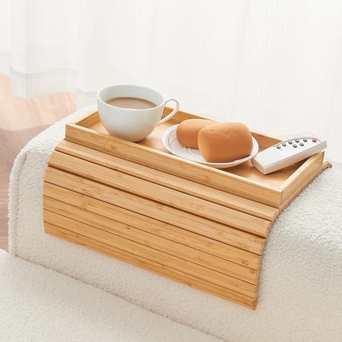 Bamboo Sofa Arm Tray, Anti Falling Couch Arm Tray Table, Foldable Couch Armrest Table, Portable Sofa Armrest Trays Cup Holder for Drink, Cups, Phone, Snacks, Remote