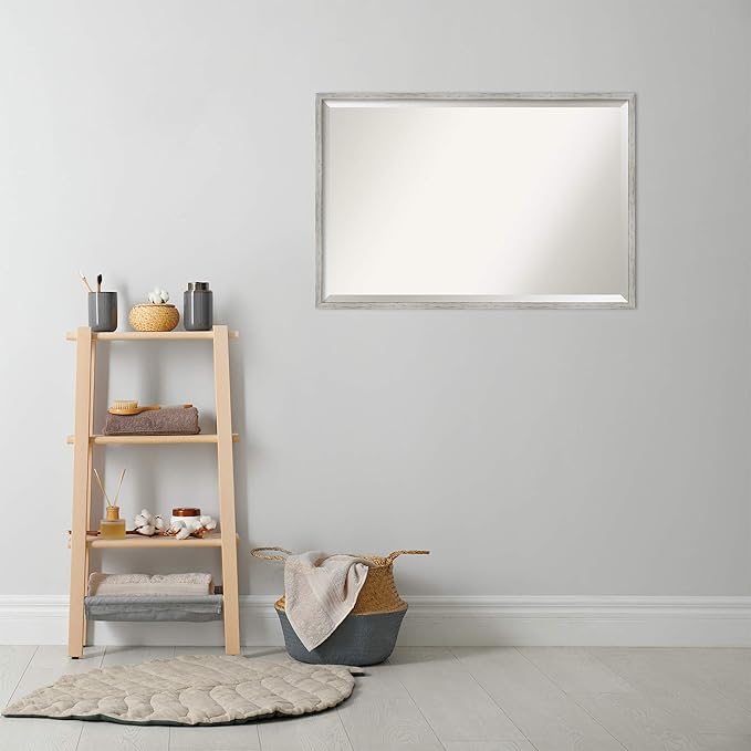 Amanti Art White Bathroom Mirror for Over Sink, 25x37 Shiplap White Narrow Rectangle Vanity Mirror, Large Coastal Wood Frame, Hangs Horizonally and Vertically, Bathroom Wall Decor, Beveled Edge