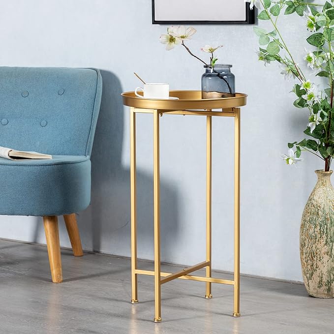 HollyHOME Small Round Metal Waterproof End Table, Accent Indoor&Outdoor Side Table, Sofa Table for Living Room, Anti-Rust Decorative Plant Stand, (D) 14.5" x (H) 25", Golden