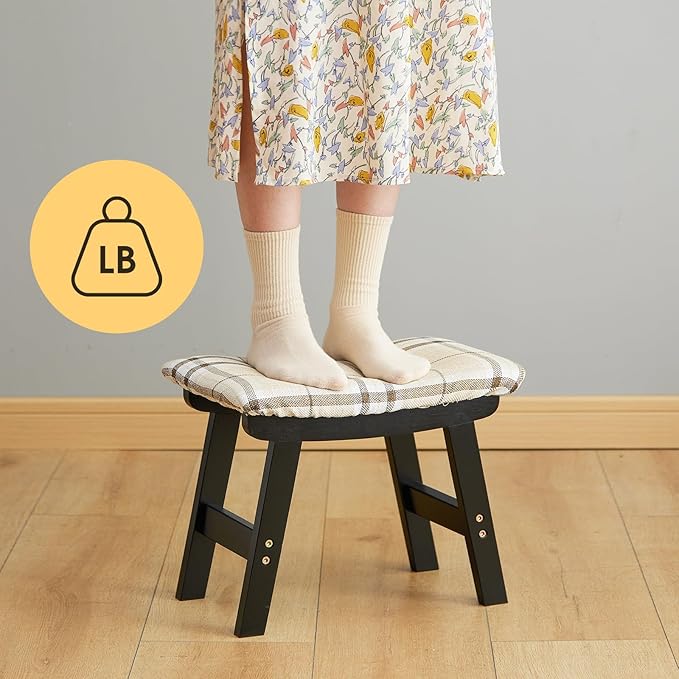Foot Stool Ottoman Foot Rest Under Desk,Small Stool for Living Room, Bedroom and Kitchen (Black Legs - Stripes Stool Surface)