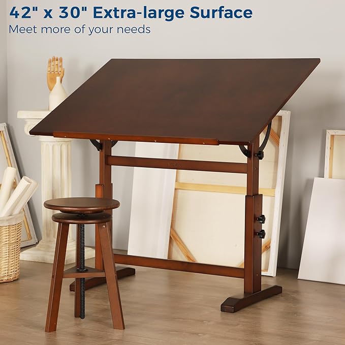 VISWIN Wood Drafting Table for Adults, 30" X 42" Extra-Large Drawing Table with Adjustable Height & Angle for Art Studio, Solid Pine Wood Artist Desk for Drawing, Drafting, Writing, Reading