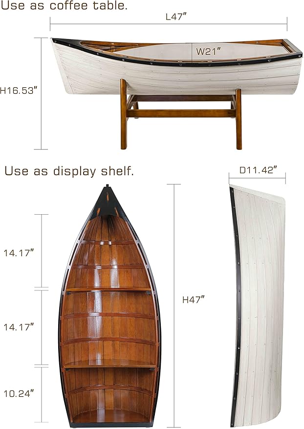 SAILINGSTORY Wooden Boat Coffee Table Boat Bookshelf Coastal Coffee Table Nautical Bookcase Lake House Decor Beach House Decor