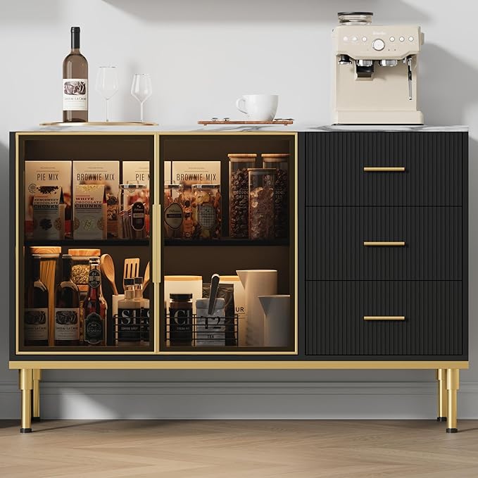 Buffet Sideboard Cabinet with Storage, 46.4" Large Fluted Kitchen Sideboard Cabinet with 2 Glass Doors 3 Drawers and Shelves, Faux Marble Top Buffet Table for Dining Room, Living Room, Black
