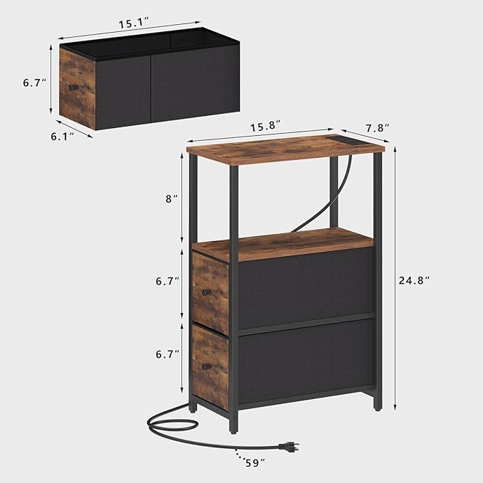 TUTOTAK Small Narrow End Table with Charging Station, Set of 2, Side Table with Outlets, Nightstand with 2 Cloth Drawers, Couch Table, for Living Room, Bedroom, Bedside, Brown TB01BB055