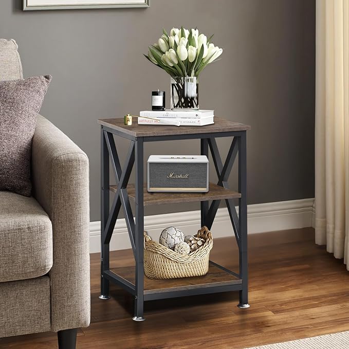End Tables with Storage Shelf, 12" Deep x 16" Wide x 24" High, Small Side Table 3-Tier, End Tables Living Room Farmhouse, X-Shaped Night Stands for Bedrooms Bedside Tables, End Table Wood and Metal