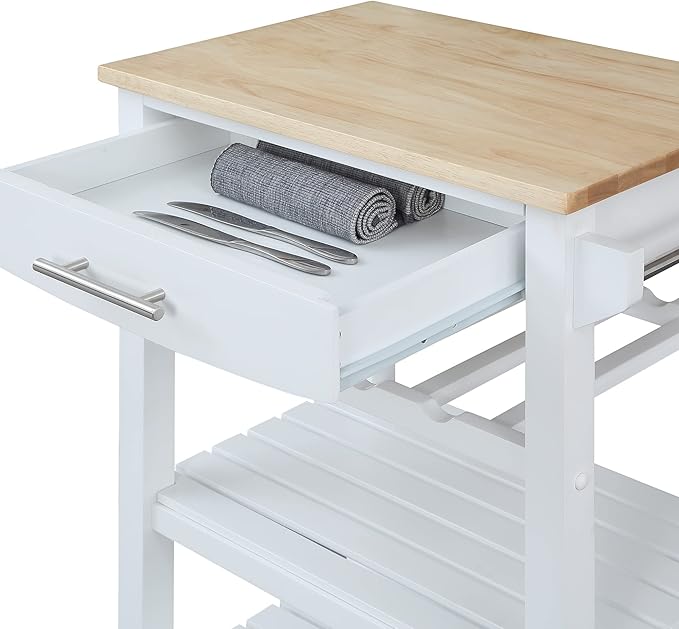 Convenience Concepts Ellaine 4 Tier Kitchen Cart with Drawer and Wine Rack, 24.75", White/Butcher Block