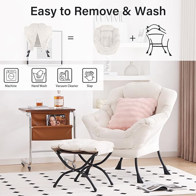 Lazy Chair with Ottoman, Modern Lounge Accent Chair with Armrests and a Throw Pillow, Leisure Sofa Chair Set, Reading Chair with Footrest for Living Room, Bedroom, Dorm Room, Office, Beige
