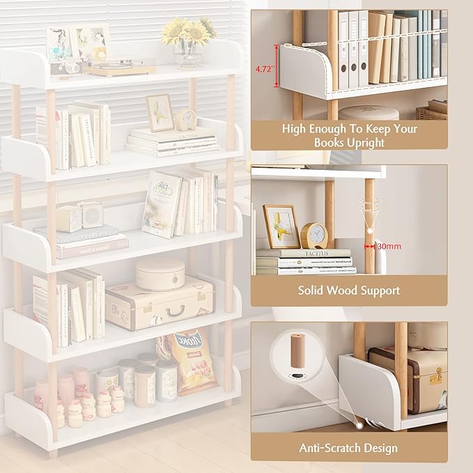 4-Tier Wooden Open Bookcase - Modern Display Bookshelf with Side Panels and Solid Wood Frame for Home and Office, Storage Cabinet, Warm White