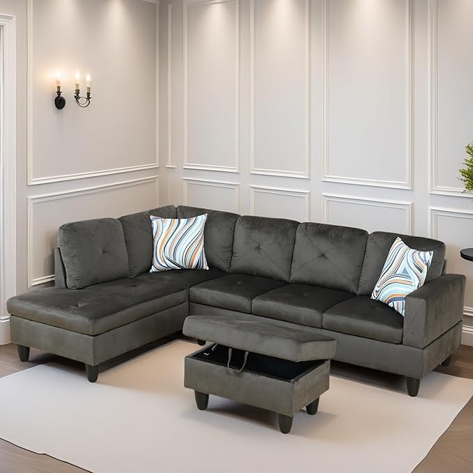L Shaped Sectional Couch Sofa, Modern Couches for Living Room, Comfy 4 Seat Modular Sectional Sofa with Ottoman Storage for Bedroom Apartment, Coffee