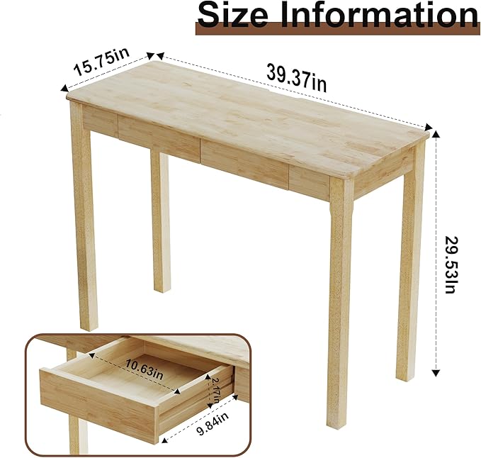Solid Wood Desk with Drawers - 39 x 16 Inch Narrow Desks, Mid Century Modern Desks, Rubber Wood Study Table, Small Writing Desk for Bedroom|Small Spaces, Natural