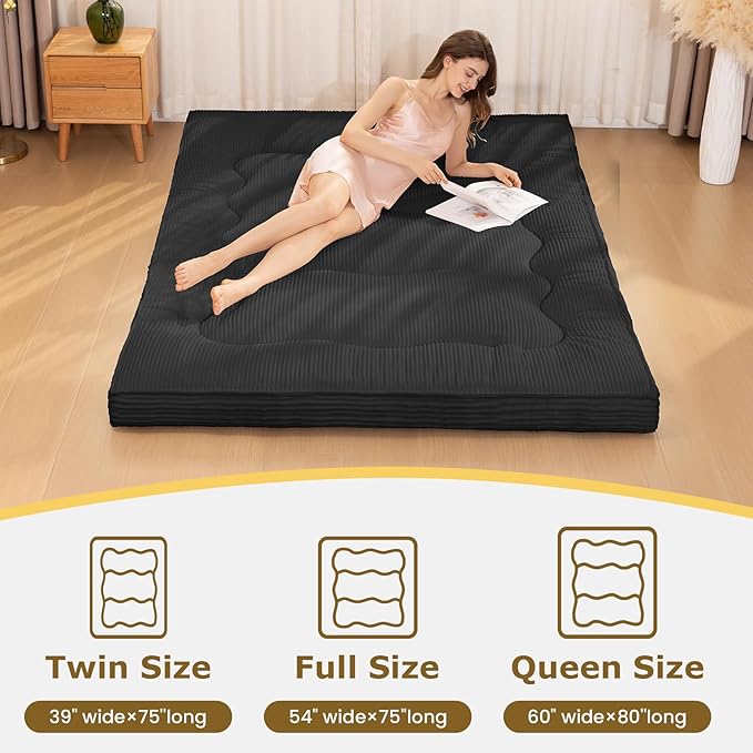 Japanese Floor Mattress, 4" Thicken Futon Mattress Twin Size Sleeping Pad, Corduroy Foldable Floor Pad, Roll Up Tatami Mat for Adults Guest Room Bedroom, Black