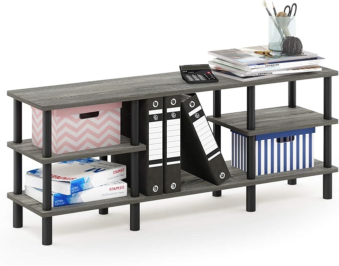 Furinno Turn-N-Tube 3-Tier Multipurpose Wide Shelf TV Stand, French Oak Grey/Black