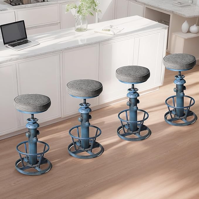Industrial Bar Stool with Cushioned PU Seat 24.8-30.3inch Height Adjustable Vintage Counter Stools for Kitchen Island Farmhouse Fire Hydrant Design Coffee Chair