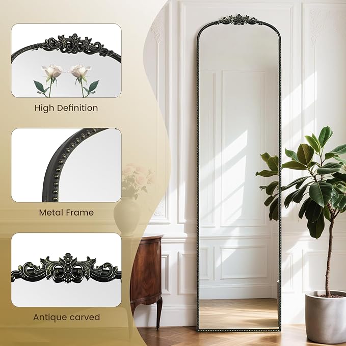 WallBeyond Arched Full Length Mirror Wall Mounted, 21x78 Inch Black Antique Mirror, Vintage Metal Frame Full Body Mirro for Bedroom, Living Room, Hanging or Leaning