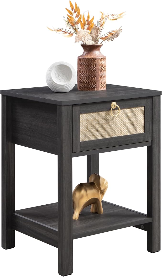 SICOTAS Rattan Nightstand, Rattan Decor Drawer with Brass Knobs Night Stand Bedside Table Boho End Tables Side Tables with Storage Shelf for Bedroom,Small Space