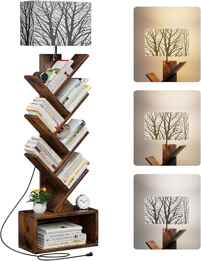 Tree Bookshelf with Light, 6 Tier Small Bookcase, Narrow Floor Standing Book Tower Organizer with Storage Cabinet for Living Room, Bedroom and Home Office, Rustic Brown