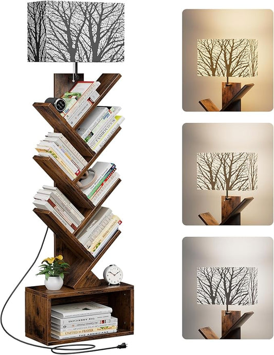 Tree Bookshelf with Light, 6 Tier Small Bookcase, Narrow Floor Standing Book Tower Organizer with Storage Cabinet for Living Room, Bedroom and Home Office, Rustic Brown