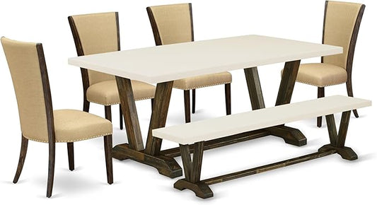 East West Furniture V727VE703-6 6 Piece Dining Room Table Set Contains a Rectangle Kitchen Table with V-Legs and 4 Brown Linen Fabric Parson Chairs with a Bench, 40x72 Inch, Multi-Color