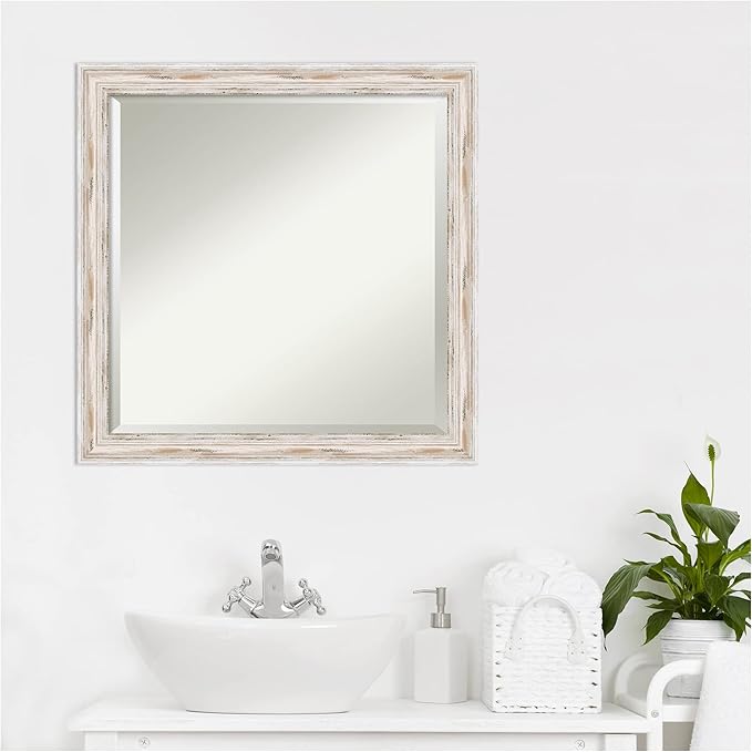 Amanti Art White Bathroom Mirror for Over Sink, 23x23 Alexandria White Wash Narrow Square Vanity Mirror, Medium Coastal Wood Frame, Hangs Horizonally and Vertically, Bathroom Wall Decor, Beveled Edge