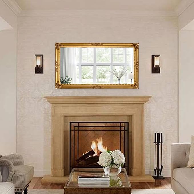 Large Decorative Mirror, 53"x29.5"Traditional Antique Baroque Mirror, Vintage Gold Decor for Living Room, Fireplace, Entryway, Horizontal/Vertical