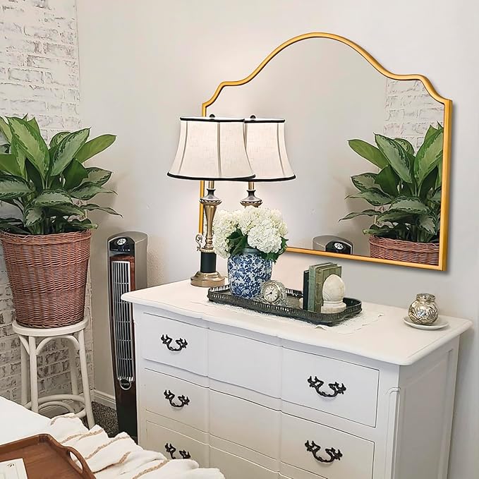 Chende Gold Arched Mirror, 36'' x 24'' Decorative Mirror with Wooden Frame, Elegant Wall Mirror for Living Room, Entryway, Fireplace