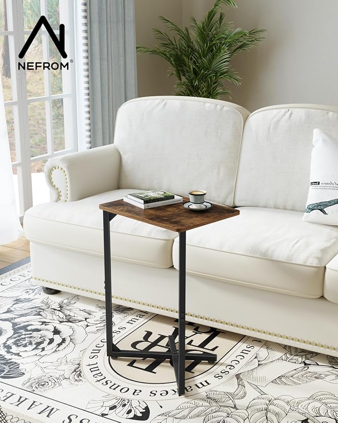 NEFROM C-Shaped End Table, Small Side Table for Couch, Sofa TV Tray Table for Living Room, Bedroom, Bedside ET-X-BRW1