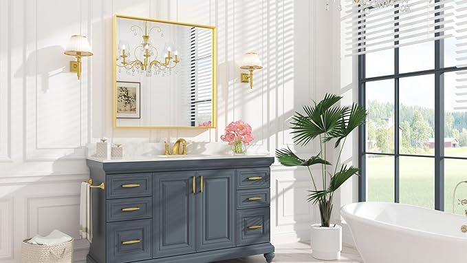 Keonjinn Brushed Gold Bathroom Mirror 36 x 36 Inch Gold Wall Square Mirror Metal Framed Rectangular Mirror for Bathroom Aluminum Alloy Frame Gold Vanity Mirror for Over Sink(Horizontal/Vertical)