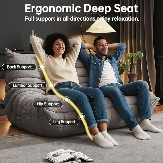 Bean Bag Chairs for Adults, Memory Foam Couch Loveseat Sofa Chair, Soft Teddy Material Cozy Comfy Reading Nook Chairs, Floor Chair for Living Room Bedroom Office(Grey)