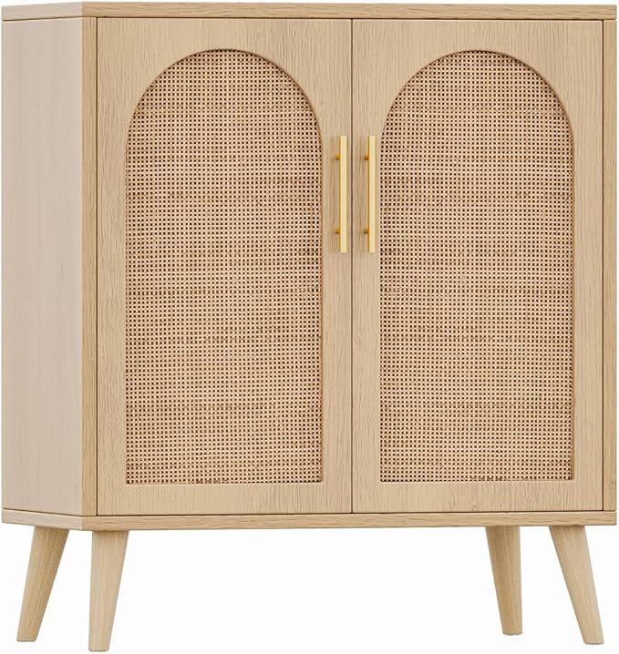 Rovaurx Rattan Storage Cabinet with Doors, Modern Accent Bathroom Floor Cabinet, Sideboard Buffet for Living Room, Entryway, Dining Room and Kitchen, Natural BMGZ108M