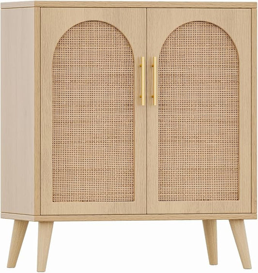 Rovaurx Rattan Storage Cabinet with Doors, Modern Accent Bathroom Floor Cabinet, Sideboard Buffet for Living Room, Entryway, Dining Room and Kitchen, Natural BMGZ108M