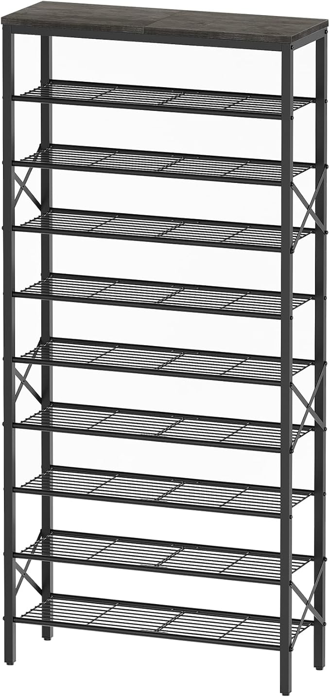 10 Tier Shoe Rack, Large Capacity Shoe Storage Organizer Holds 40 Pairs, Durable and Stable, for Entryway, Hallway, Closet, Dorm Room, Charcoal SS10BCG1