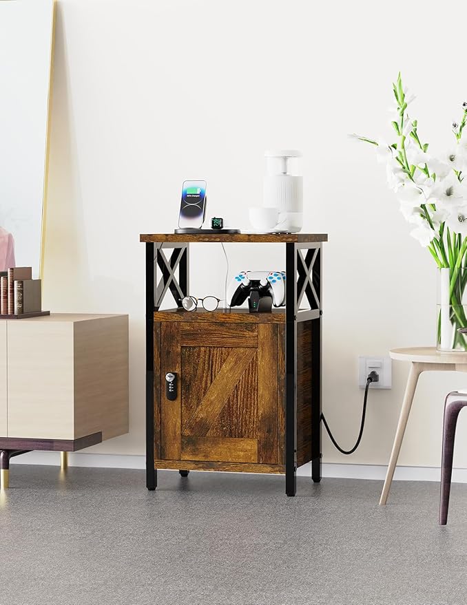 Wooden Nightstand with Lock, Bed Side Table with Drawers, Bedside Table with Charging Station, 3 USB & 2 Outlets, Night Stand with Storage, End Tables for Living Room, Bedroom, Dorm, Brown