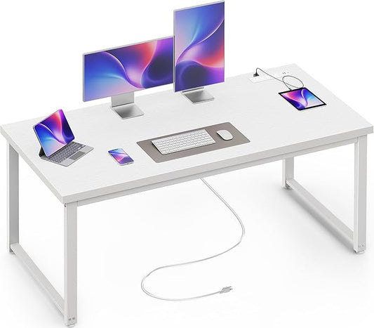 Huuger 55 x 24 inch Desk with Power Outlets & USB-C, Deeper & Thicker Desktop, Robust Metal Tubes, Computer Desk, Heavy Duty Office Desk, Work Gaming Desk for Home Office, White