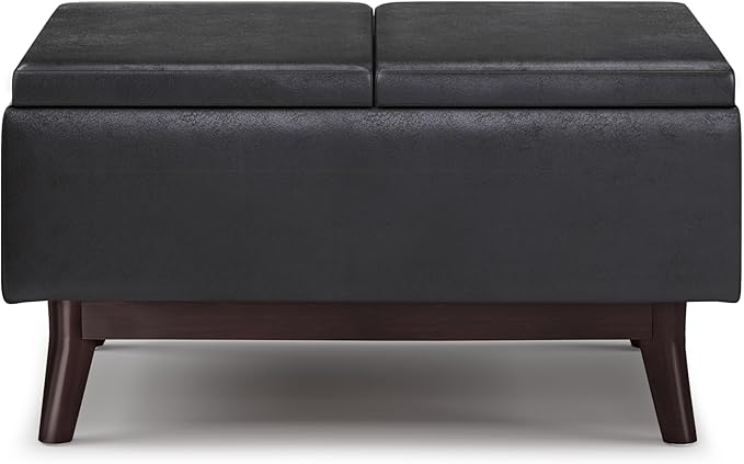 SIMPLIHOME Owen 34 inch Wide Mid Century Modern Rectangle Tray Top Small Coffee Table Storage Ottoman in Distressed Black Vegan Faux Leather, Assembled, for the Living Room, Entryway and Family Room