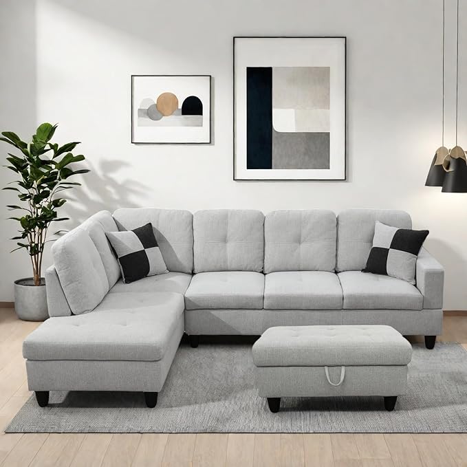 Modern Living Room Furniture Sets with Pillows, Modular Sectional Couches with Chaise Lounge, 4-Seaters L Shape Sofa with Storage Ottoman, for Living Room, Light Grey