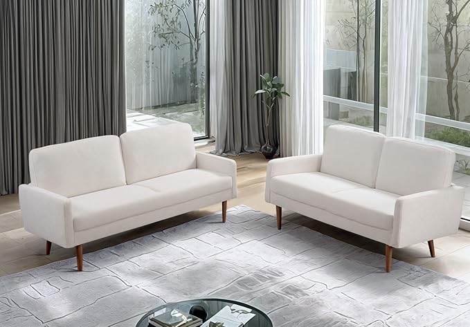 Kent 2 Piece Velvet Sofa and Loveseat Set, European Style with Modern & Vintage Flair, Upholstered 5 Seater Couch, Chic Living Room Furniture Seating for Home, Apartment or Office, Ivory