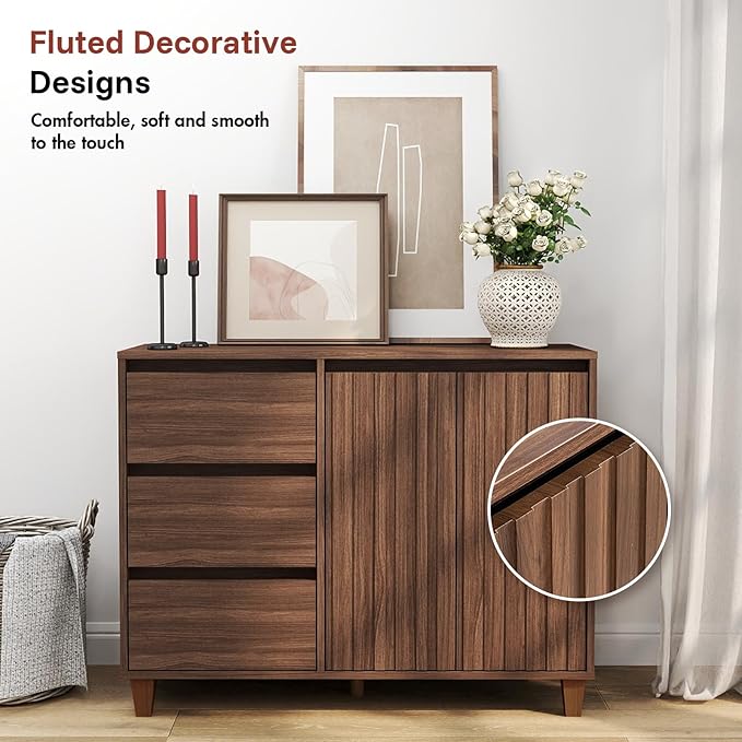 Redkey Fluted Sideboard Cabinet - Mid Century Modern Sideboard Buffet Cabinet with 3 Drawers - Buffet Table with Handle-Less Design for Kitchen Bedroom Dining/Living Room - Walnut