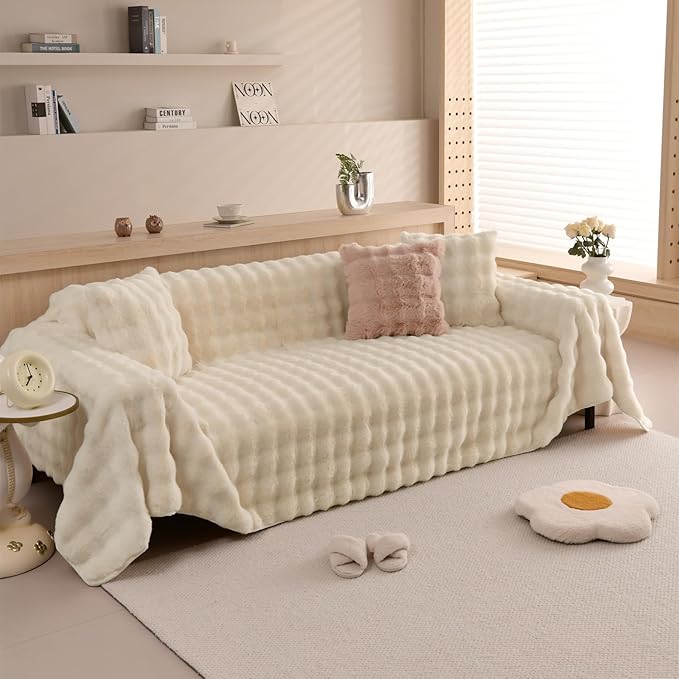 VM VOUGEMARKET Plush Faux Fur Couch Cover Thick Fluffy Fuzzy Sectional Sofa Cover Cream Beige Sofa Slipcover Soft Warm Throw Blanket for Couch Sofa Bed- Cream White,71" x 134"