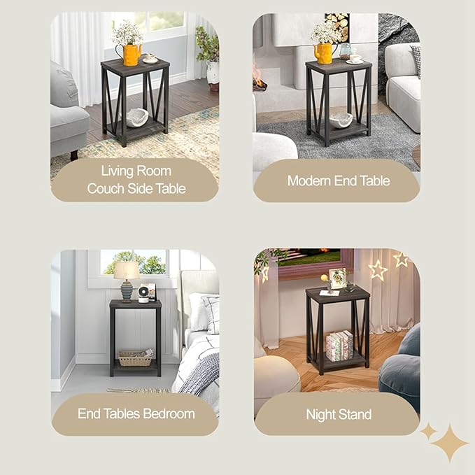 FOLUBAN Small Side Table, Rustic Wood and Metal End Table with Storage, Vintage Night Stand for Living Room Bedroom Office, Dark Gray