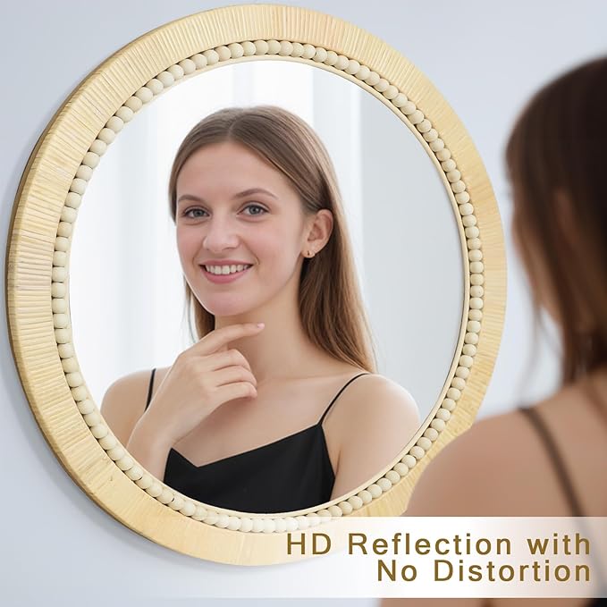 ULIKE Round Rattan Mirror, Bathroom 24 Inch Rustic Farmhouse Wall Decor with Handmade Wicker Frame, Boho Mirror for Nursery Bedroom Living Room Entryway