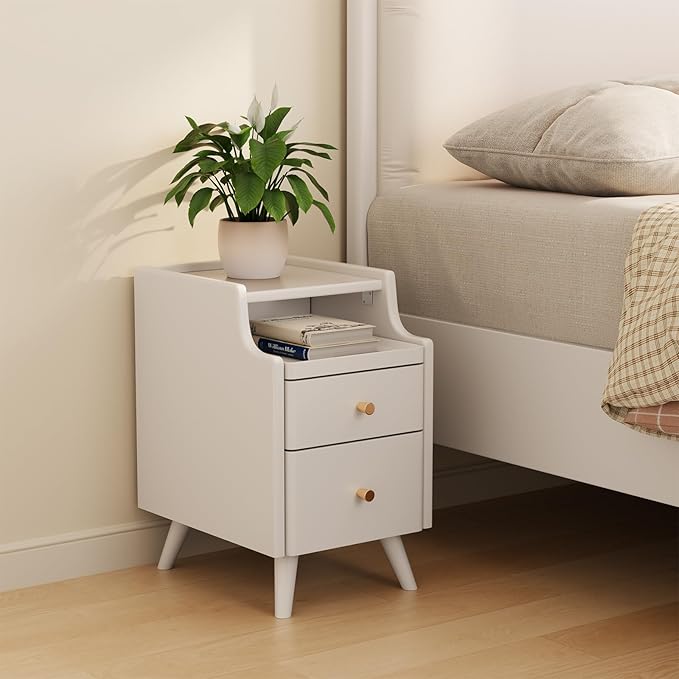 Wood Nightstand, White Nightstand with 2 Drawers, Bedside Table for Bedroom