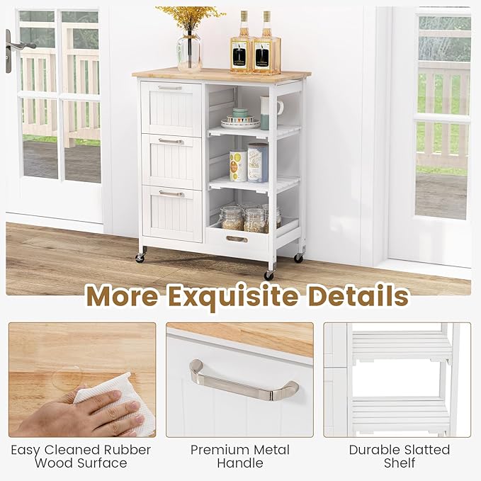 COSTWAY Kitchen Storage Island Cart on Wheels, Kitchen Rolling Trolley Cart with 3 Drawers and Shelves, 360° Wheels & Detachable Tray, Kitchen Island for Dining Room, Living Room & Bedroom