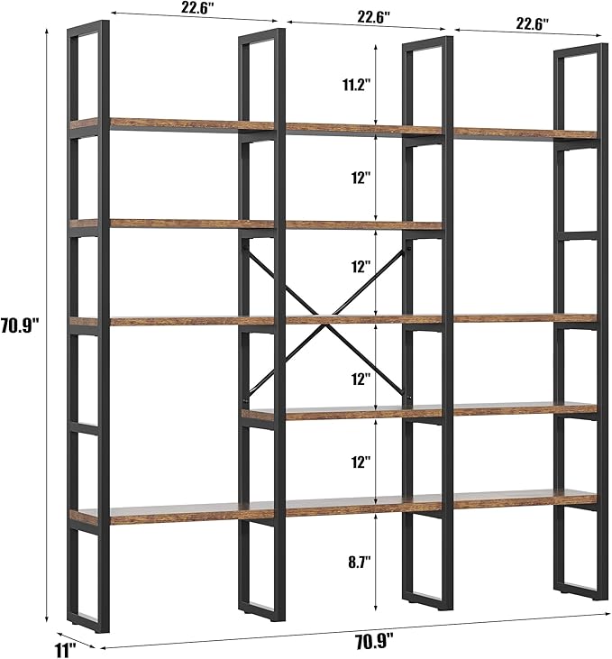 70.86" Modern Bookshelf and Bookcases with 13 Open Display Shelves, Triple Wide 5-Tier Industrial Large Book Shelf with Metal Frame, Tall Etagere Book Case for Home & Office, Rustic Brown