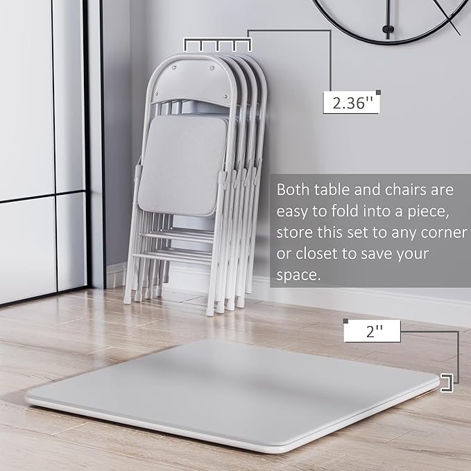 VECELO Portable Folding Card Table Square and Chair Set (5pc) with Collapsible Legs & Vinyl Upholstery, Metal, Grey