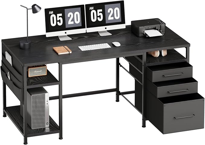 Ｍａｉｈａｉｌ Maihail Home Office Desk with Drawers Adjustable Shelves, 59 inch Writing Desk with File Cabinet, Large Computer Desk with Storage, Vintage, Black