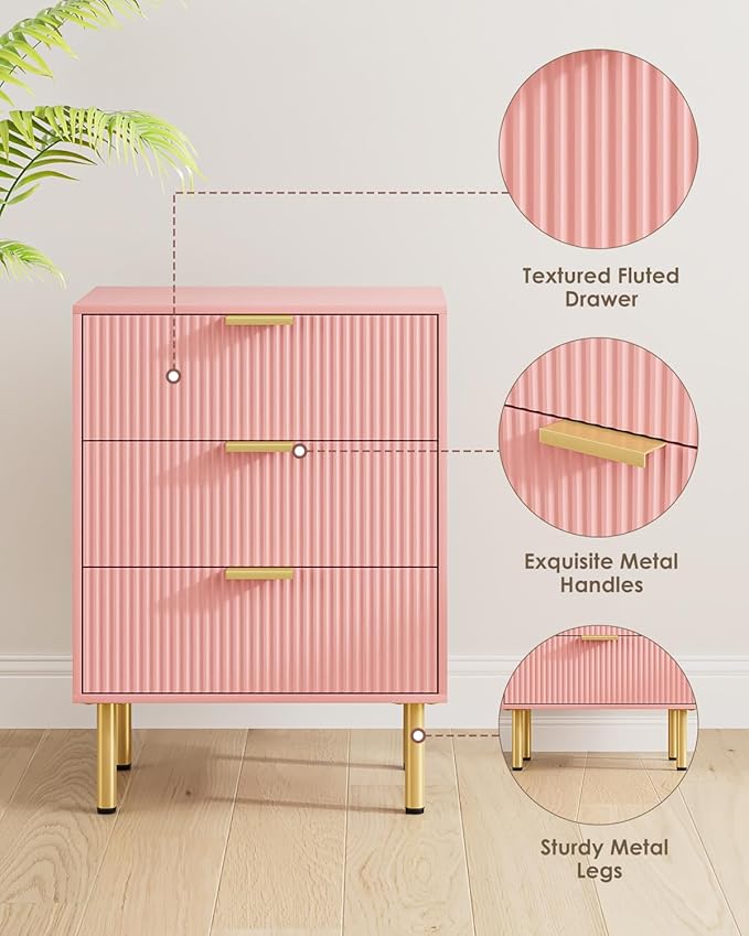 Night Stand,Tall Bedside Table with 3Storage Drawers,Pink nightstand,Bedside Furniture,Side Table with Gold Frame,Drawer Dresser for Bedroom,Living Room (Modern-3drawers, Pink)