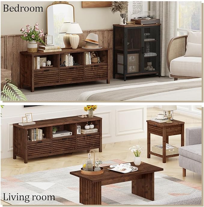 BON AUGURE TV Stand, Mid Century Modern Media Console for 65/55/50 Inch TVs, Wood Fluted Entertainment Center with Storage for Living Room, Bedroom (Rustic Oak)
