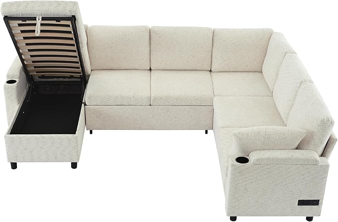 Eafurn Oversized U Shaped Sectional Sleeper Sofabed Pull Out Couch Bed for Living Room 6 Seater Upholstered Convertible Pullout Lounge Sofa Couch w/Storage Chaise, USB Ports for Living Room Apartment