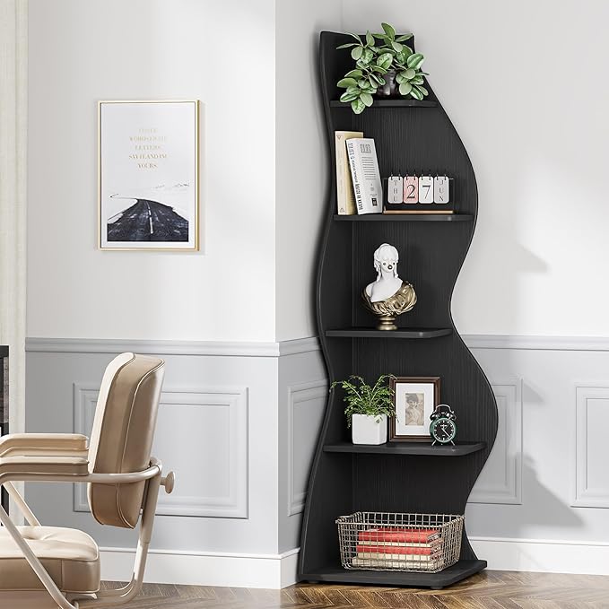 Tribesigns Corner Shelf, Modern 5-Tier Wall Corner Bookshelf, Stylish Corner Small Bookcase Storage Rack Plant Stand with Unique Shape for Living Room, Home Office, (2PCS, Black)