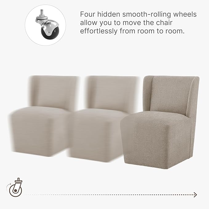 Upholstered Dining Chair with Casters Wingback Modern Side Armless Deskchair with Rollers for Diningroom Bedroom Livingroom Reading Room,Khaki,1 Box